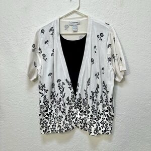 C.D. Daniels‎ Floral Cardigan Top Short Sleeve White Black Flowers 1X